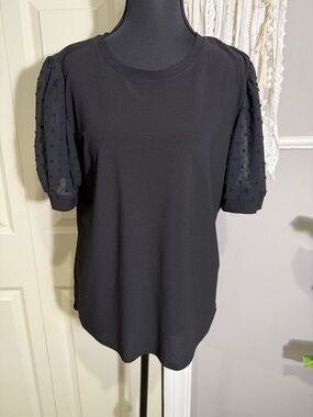 CeCe Black Puff Sleeve Tee with Sheer Dot Sleeves